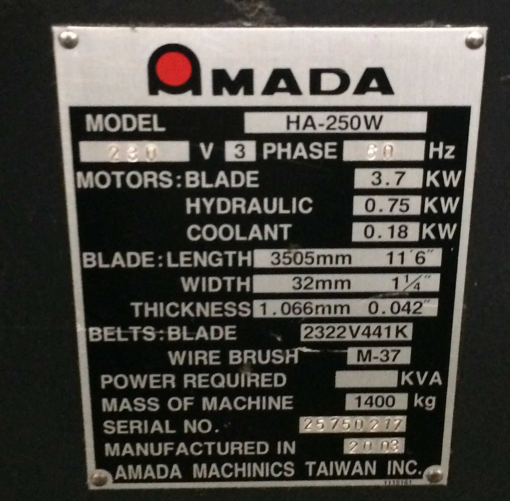 2003 Amada HA-250W Band Saw, 10" Cap, 5 HP, Automatic Feed, 220V 3-Phase - HORIZONTAL BAND SAWS