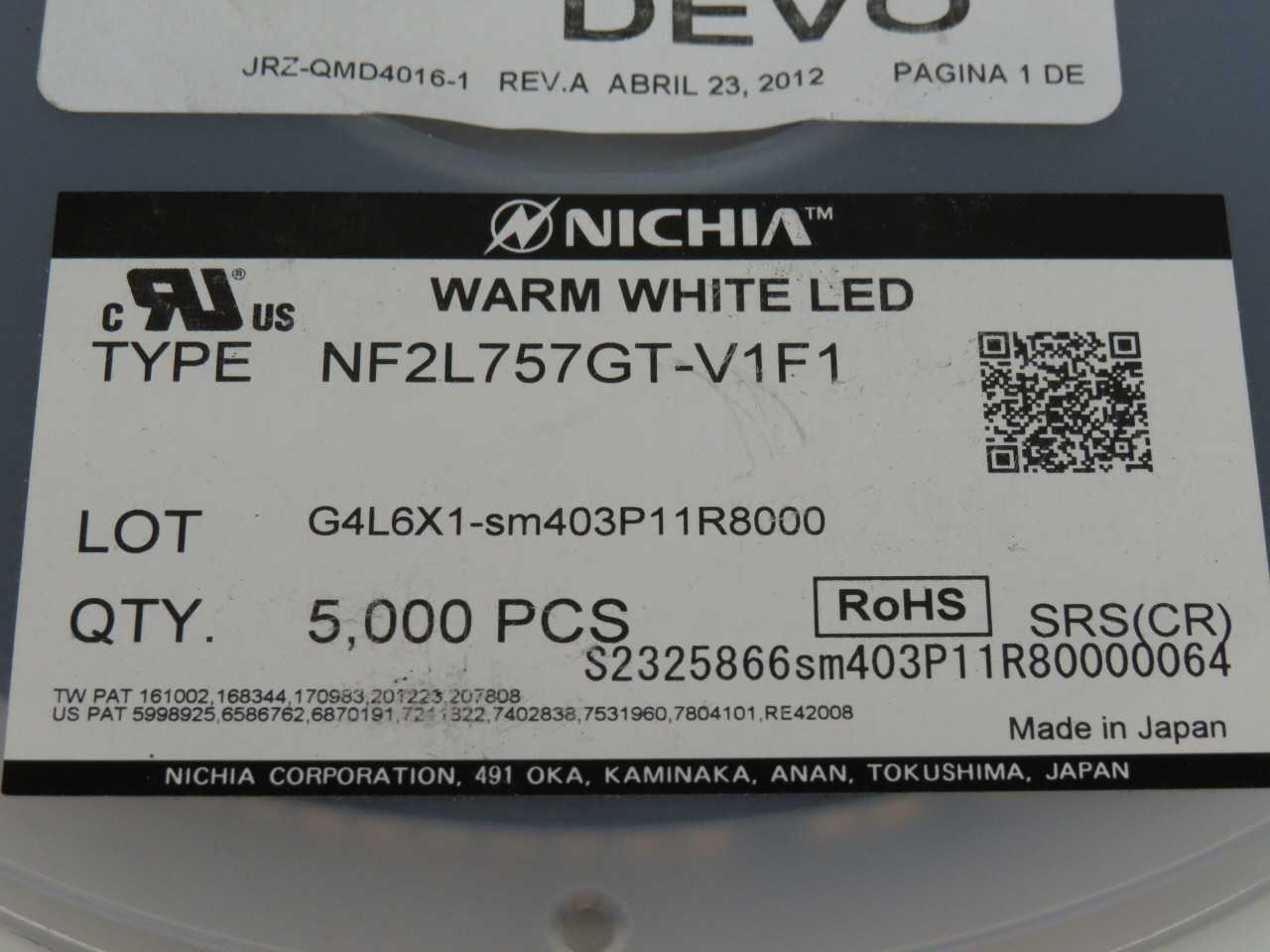 LOT OF 4200 NICHIA FLX-001-0639 NF2L757GT-V1F1 MID POWER WARM WHITE LED CHIP WITH DATA SHEET T171476 - LIGHTING