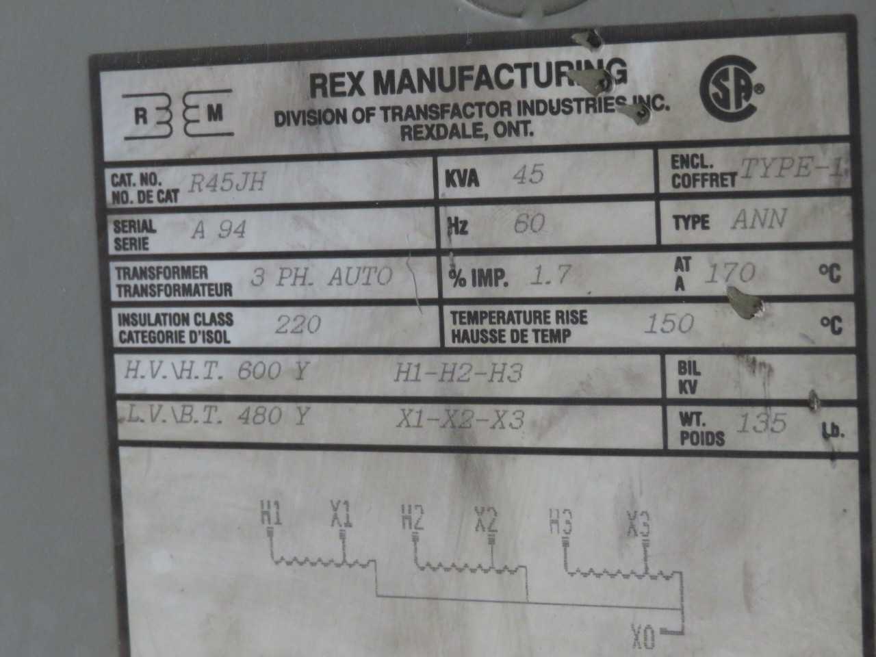 REX MANUFACTURING R45JH TYPE ANN 45 KVA TRANSFORMER 3 PH AUTO T173740 - POWER TRANSFORMERS
