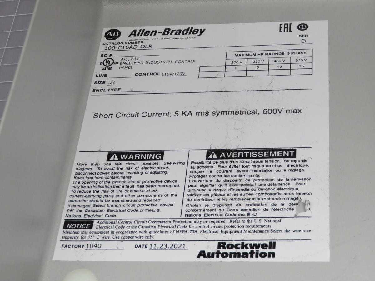 ALLEN BRADLEY 109-C16AD-OLR SHORT CIRCUIT CURRENT 5 KA MS SYMMETRICAL 600V T196026 - MOTOR STARTERS