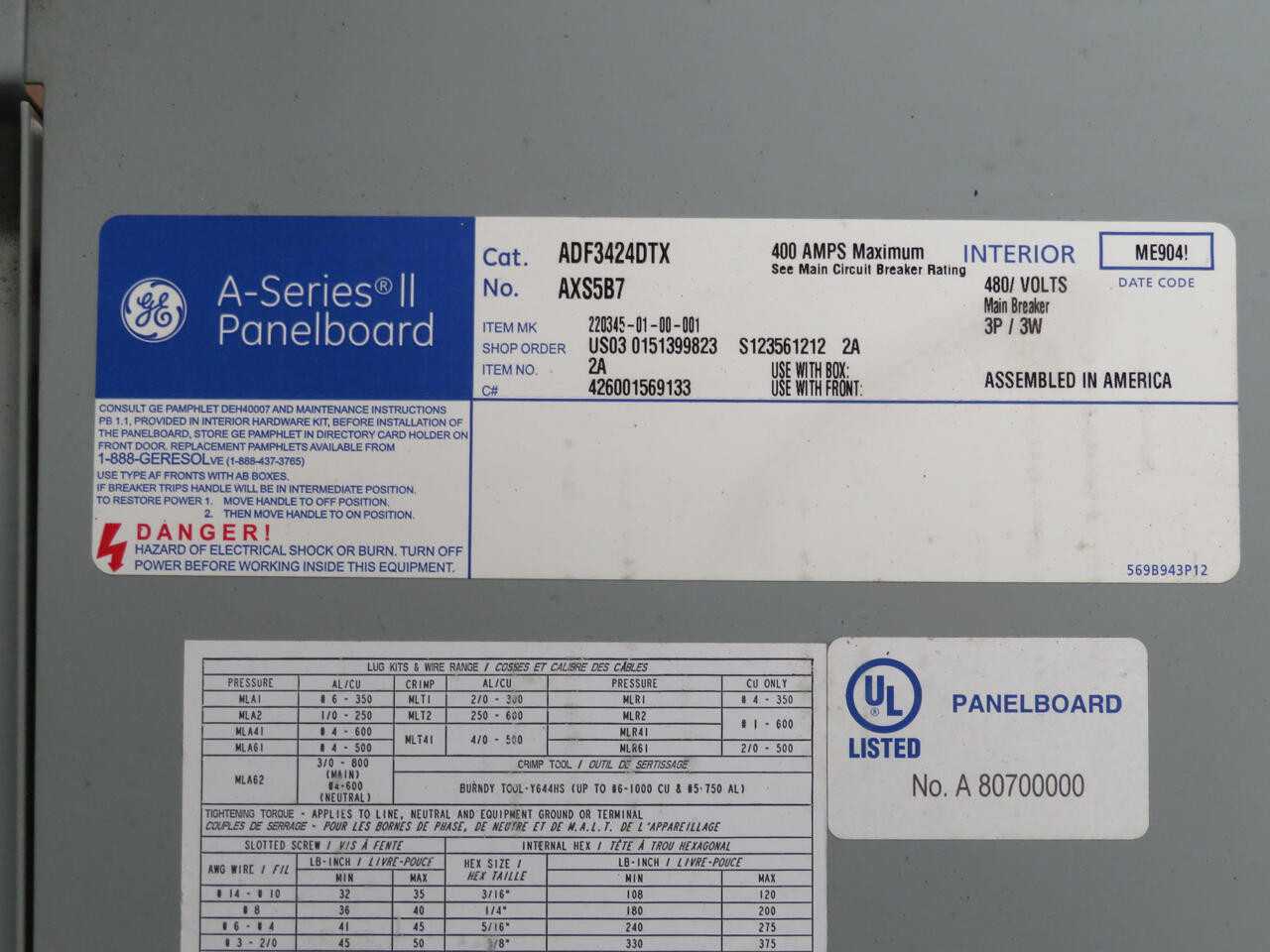 GE ADF3424DTX AXS5B7 A SERIES II PANELBOARD 400 AMP 480 V 3 P T176880 - ELECTRICAL COMPONENTS