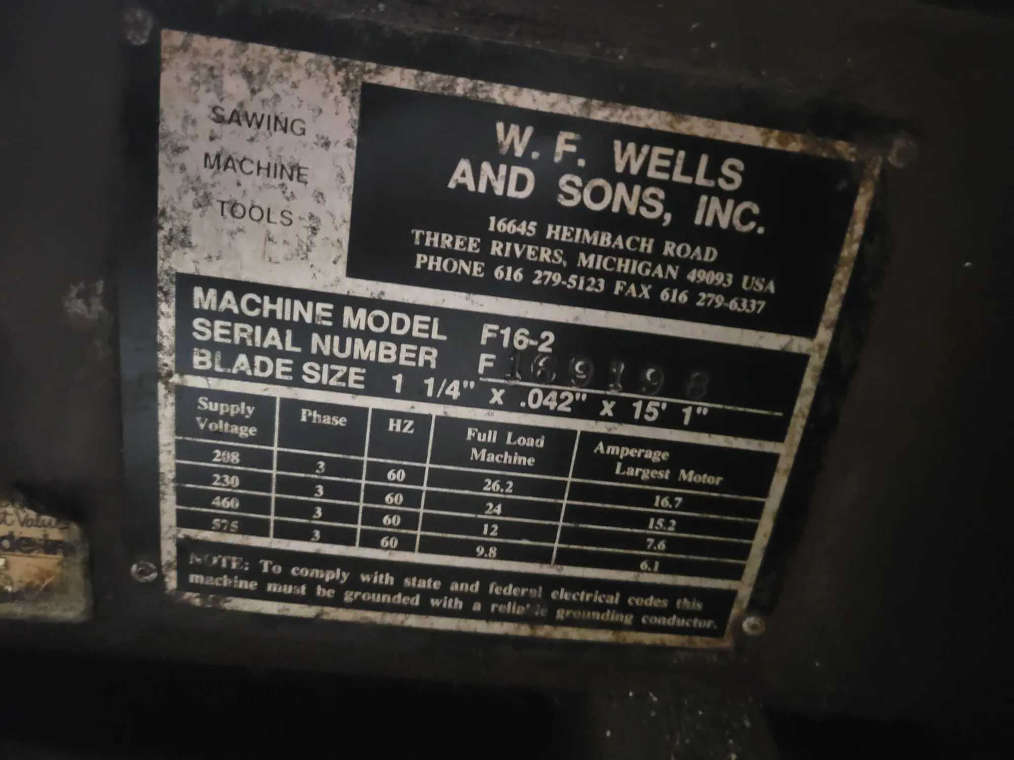 1998 W.F.WELLS W16-2 Horizontal Band Saw | 7.5 HP, 15 ft Blade, Hydraulic Clamping - HORIZONTAL BAND SAWS