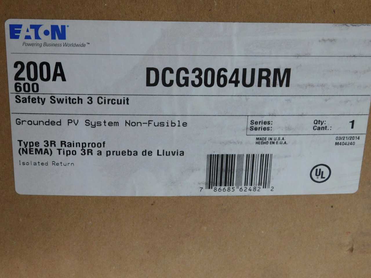 EATON DCG3064URM 3 CIRCUIT SOLAR DISCONNECT SWITCH 200 A 600 V 3R - SWITCHES