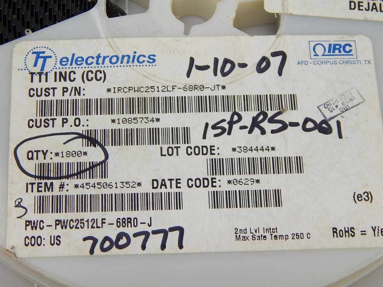 LOT OF 1800 TT ELECTRONICS PWC-PWC2512LF-68R0-J IRCPWC2512LF-68R0-JT 4545061352 THICK FILM RESISTORS - ELECTRICAL COMPONENTS