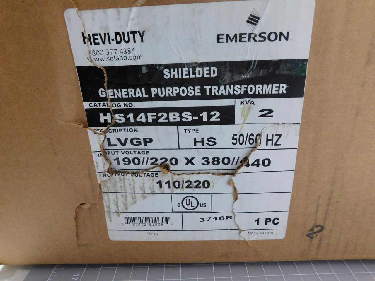 EMERSON HS14F2BS-12 SHIELDED GENERAL PURPOSE TRANSFORMER 2 KVAPRI.190/220X380/440 VSEC.110/220 V1 PH - MACHINING ACCESSORIES & TOOLING
