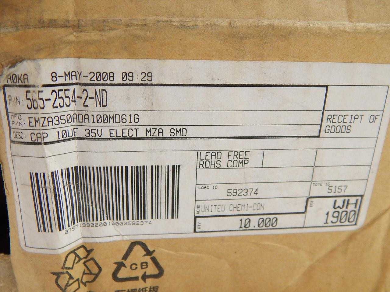 LOT OF 8000 UNITED CHEMI-CON EMZA350ADA100MD61G ALUMINUM ELECTROLYTIC CAPACITORS - SMD 10UF 35 VOLT - ELECTRICAL COMPONENTS