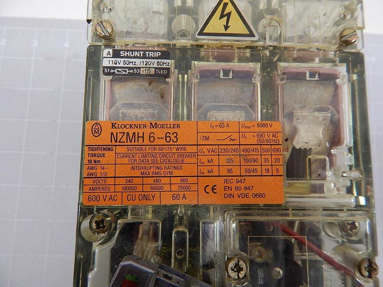 KLOCKNER MOELLER NZMH6-63 ZM6A-60-NA 60 A 600 VAC CIRCUIT BREAKER T60848 - CIRCUIT BREAKERS