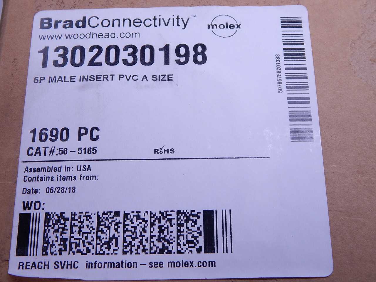 LOT OF 1690 MOLEX 1302030198 .56-5165 5P MALE INSERT PVC A SIZE T141231 - TERMINAL BLOCKS