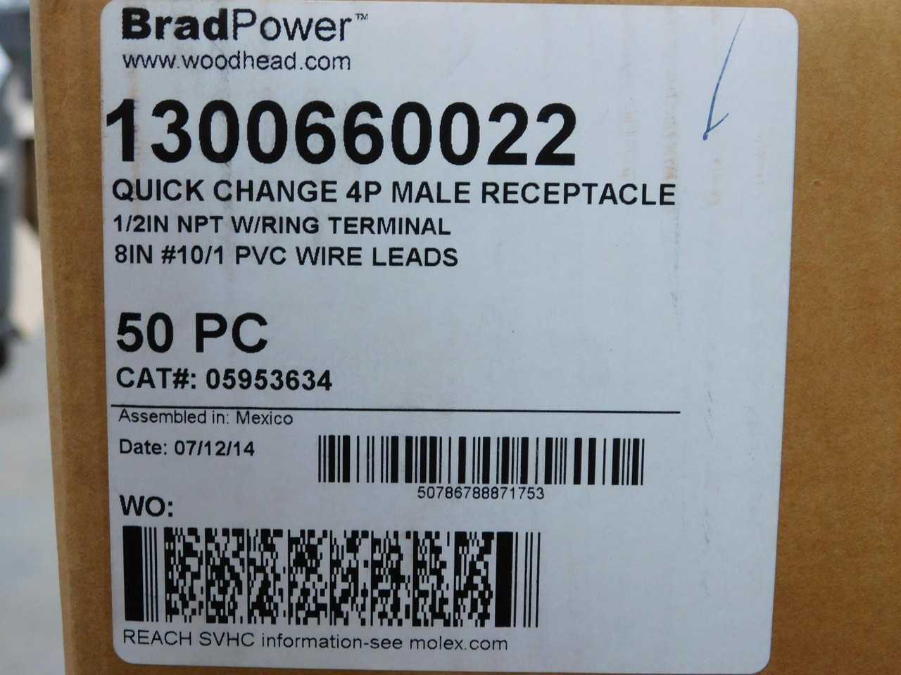 LOT OF 50 BRADPOWER 05953634 1300660022 12IN NPT WIRING TERMINAL 8IN #10/1 PVC WIRE LEADS T138645 - PLUGS & RECEPTACLES