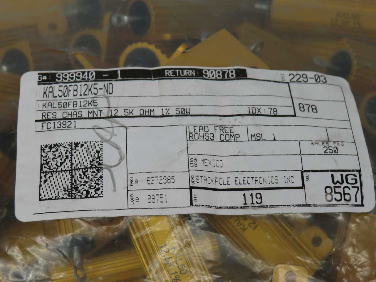LOT OF 100 STACKPOLE ELECTRONICS KAL50FB12K5-ND ±1% 50W WIREWOUND CHASSIS MOUNT RESISTOR T172604 - ELECTRICAL COMPONENTS