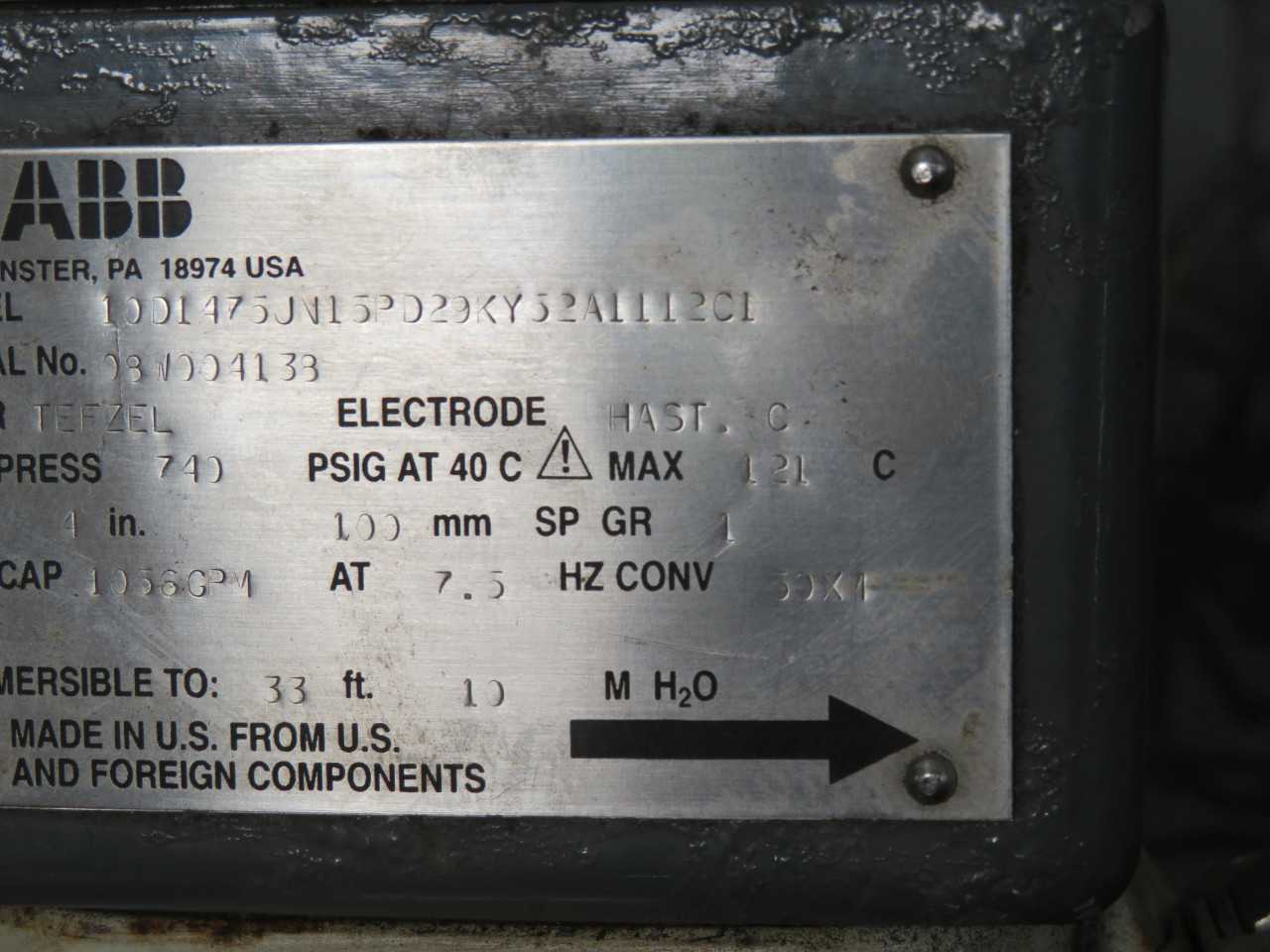 ABB 10D1475JN15PD29KY52A1112C1 4IN MAGNETIC FLOW TUBE T159004 - LEVEL MEASUREMENT