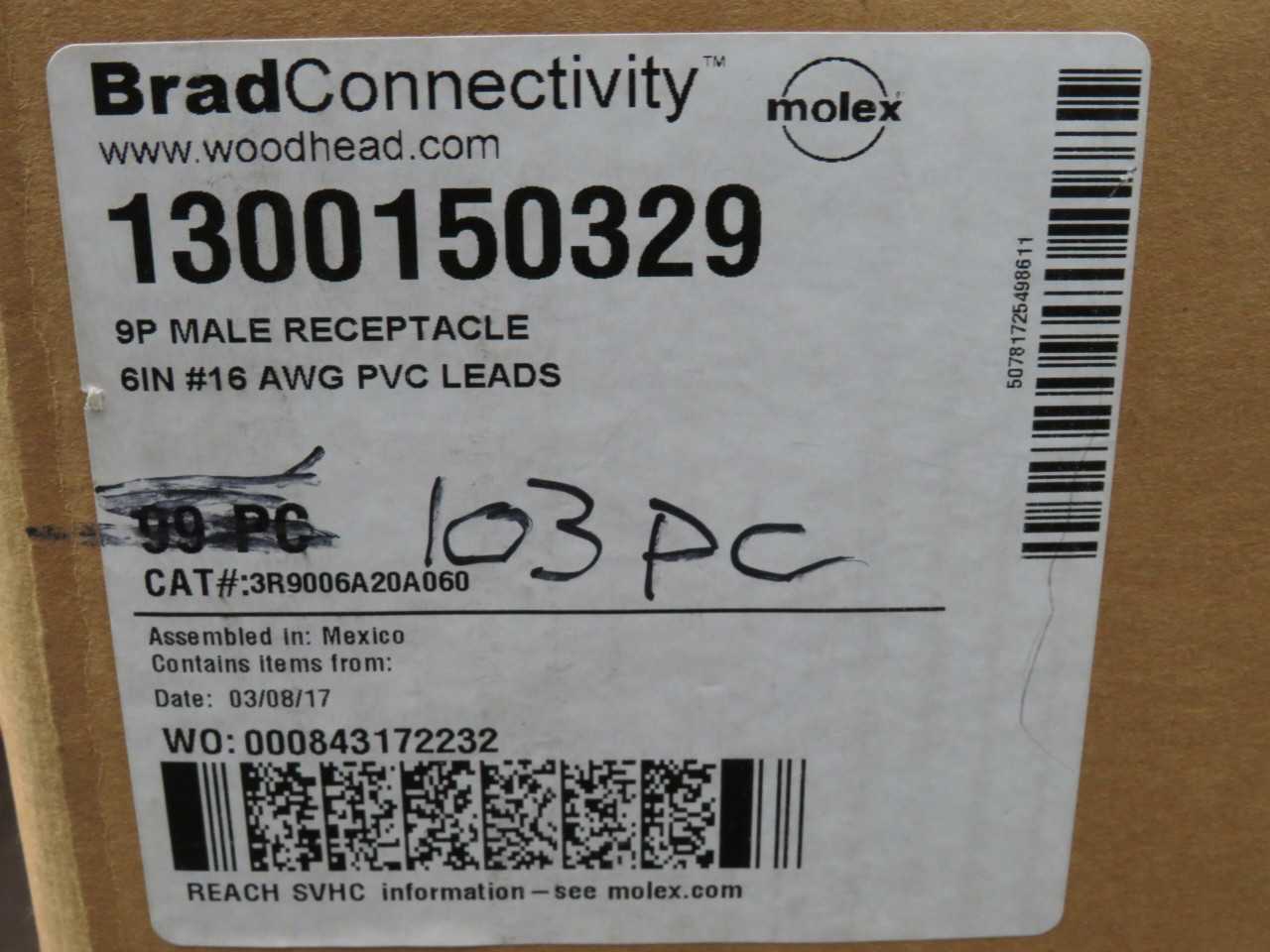 LOT OF 100 BRAD CONNECTIVITY 1300150329 3R9006A20A060 9P MALE RECEPTACLE 6 IN 16 AWG PVC LEADS T1686 - PLUGS & RECEPTACLES