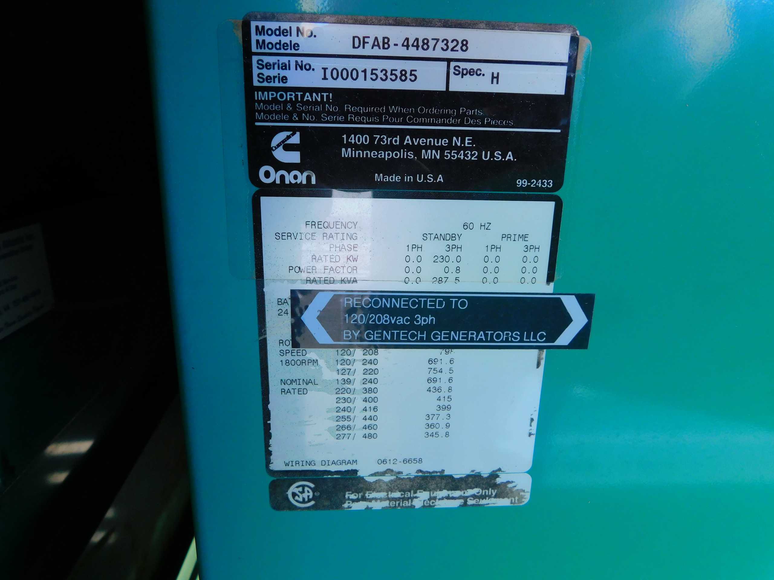 Cummins Onan DFAB-4487328 230kW Standby Diesel Generator With 1000gal Tank - STANDBY POWER GENERATOR