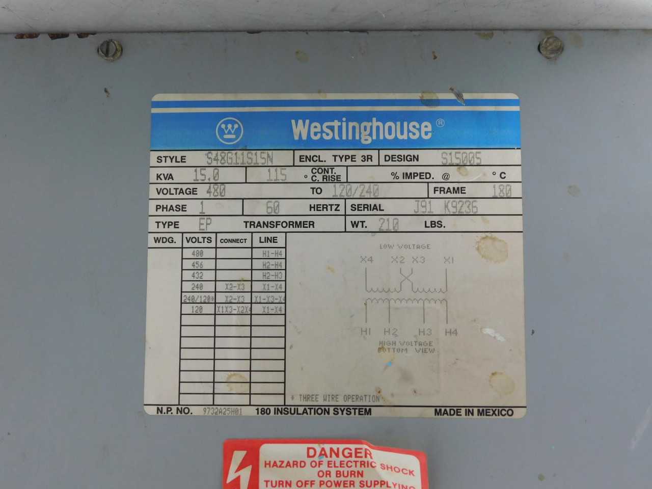 WESTINGHOUSE S48G11S15N GENERAL-PURPOSE; 60HZ; ALUMINUM WINDING; 15 KVA T140986 - POWER TRANSFORMERS