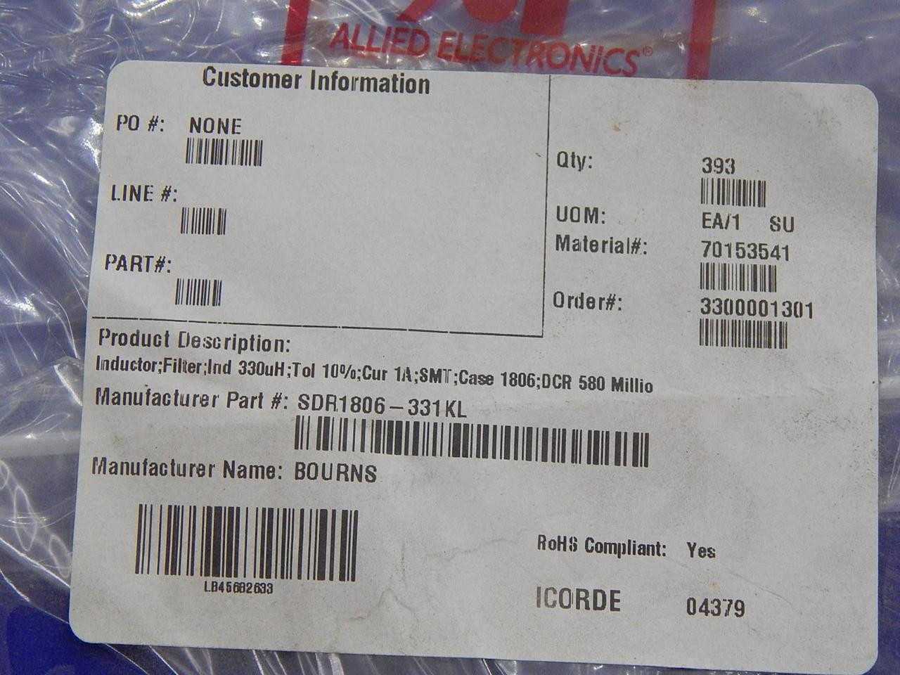 Lot Of 1143 Bourns SDR1806-331KL Fixed Inductors 330 µH 10% SMD 1806 T88378 - LINE FILTERS