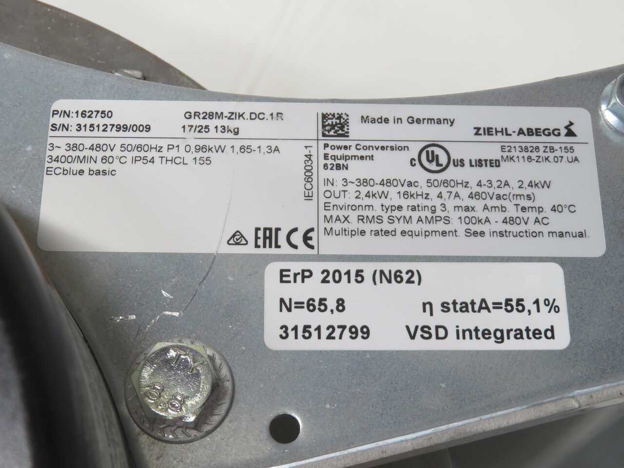 ZIEHL-ABEGG 162750 GR28M-ZIK.DC.1R EC Centrifugal Cooling Fan, 200-277V, 1.00kW, 3400RPM - BLOWER FAN