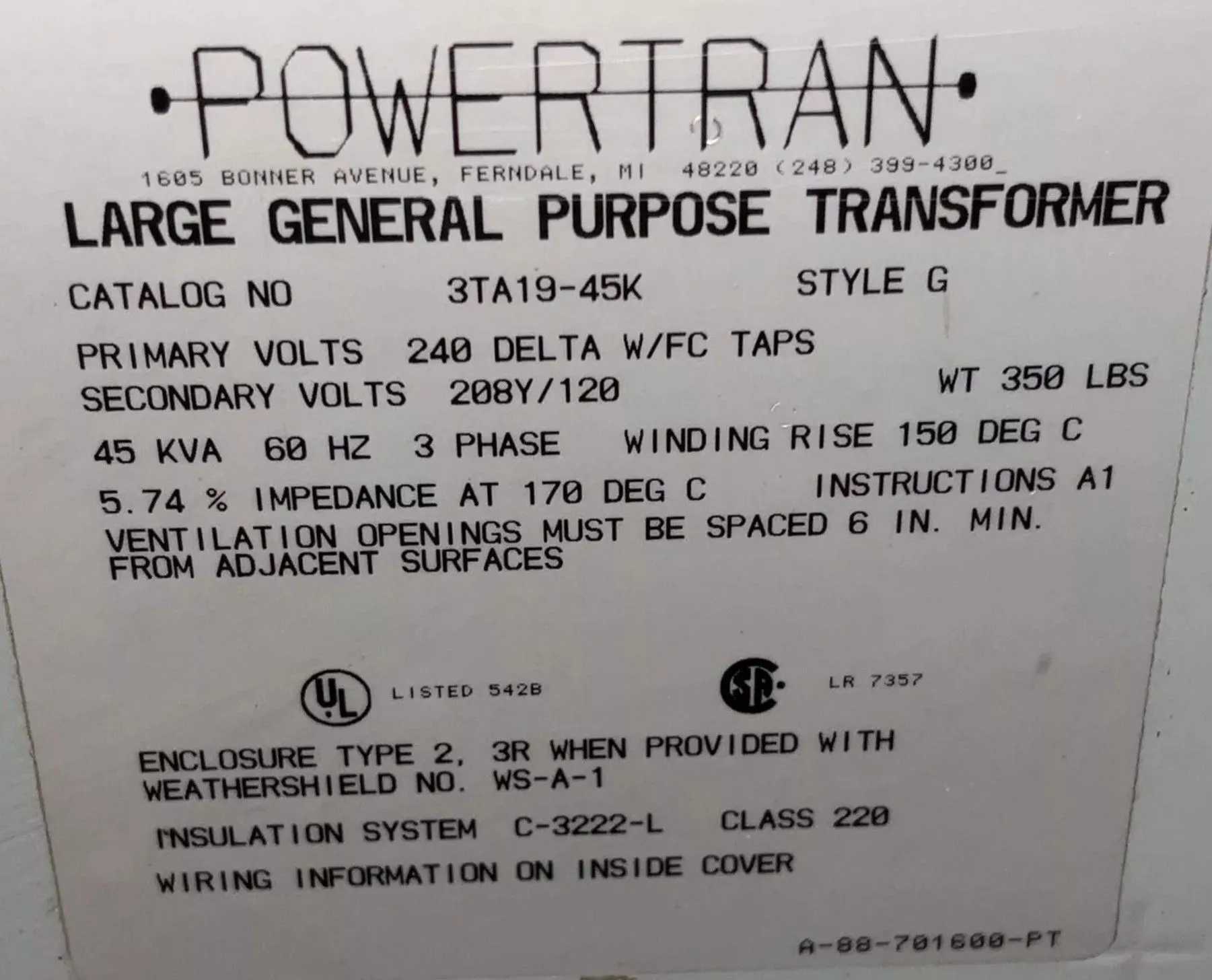 POWERTRAN 3TA19-45K 45 KVA 3-PHASE 240-208V TRANSFORMER - DRY TRANSFORMERS