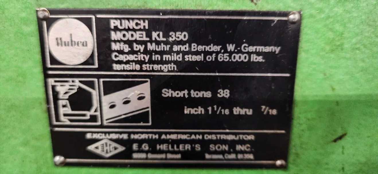 1983 MUBEA KL-350 SINGLE END PUNCH, 38T, 8 INCH THROAT, 2 HP, 72 SPM - SHEET METAL EQUIPMENT