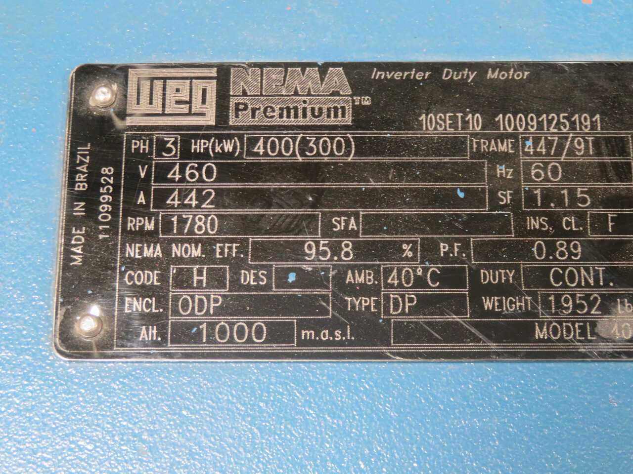WEG 10SET10 1009125191, 400 HP, 3 PHASE, 460 VAC, 1780 RPM, 60 HZ, 447/9T NEMA, TEFC - AC MOTOR