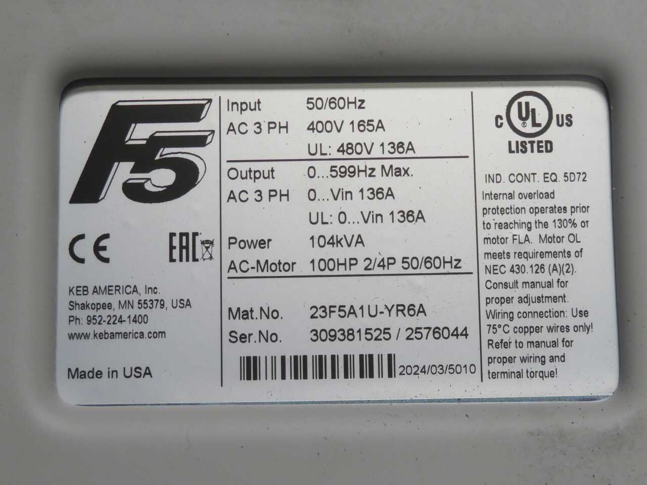 KEB 23F5A1U-YR6A COMBIVERT F5 FREQUENCY INVERTER T270432 - MISCELLANEOUS