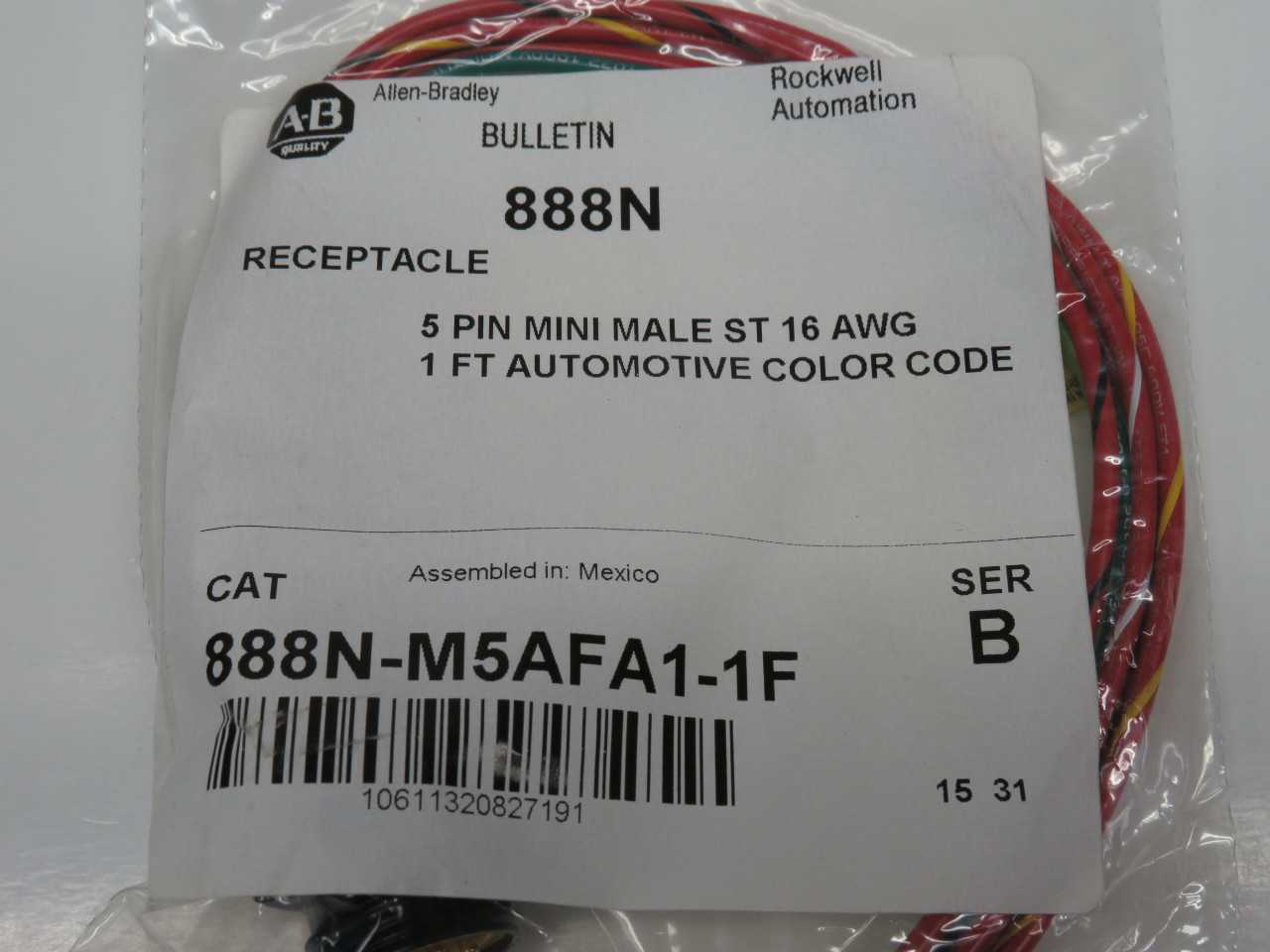 LOT OF 70 ALLEN-BRADLEY 888N-M5AFA1-1F RECEPTACLE 5 PIN MINI MALE ST 16 AWG 1 FT AUTOMOTIVE COLOR CO - ELECTRICAL RECEPTACLES