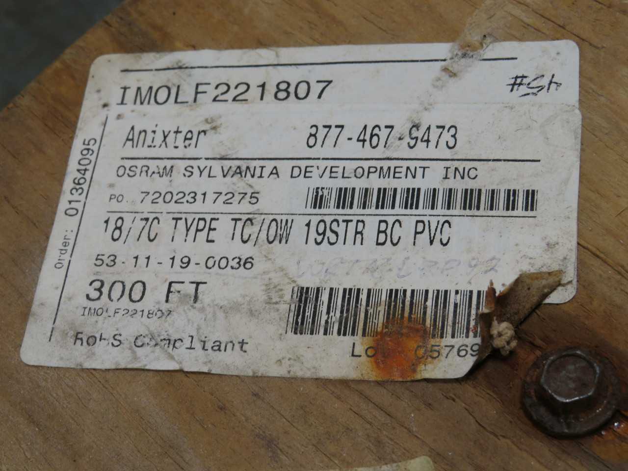 ANIXTER 877-467-9473 18/7C TYPE TC/OW 19STR BC PVC INDUSTRIAL CABLE 300 FT T178008 - ELECTRICAL WIRE