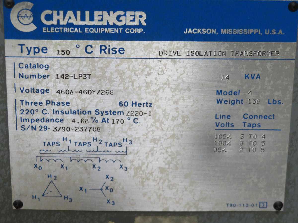CHALLENGER 142-LP3T 14 KVA 3 PH 460/460/266 ISOLATION TRANSFORMER TYPE 150 T198778 - DRY TRANSFORMERS
