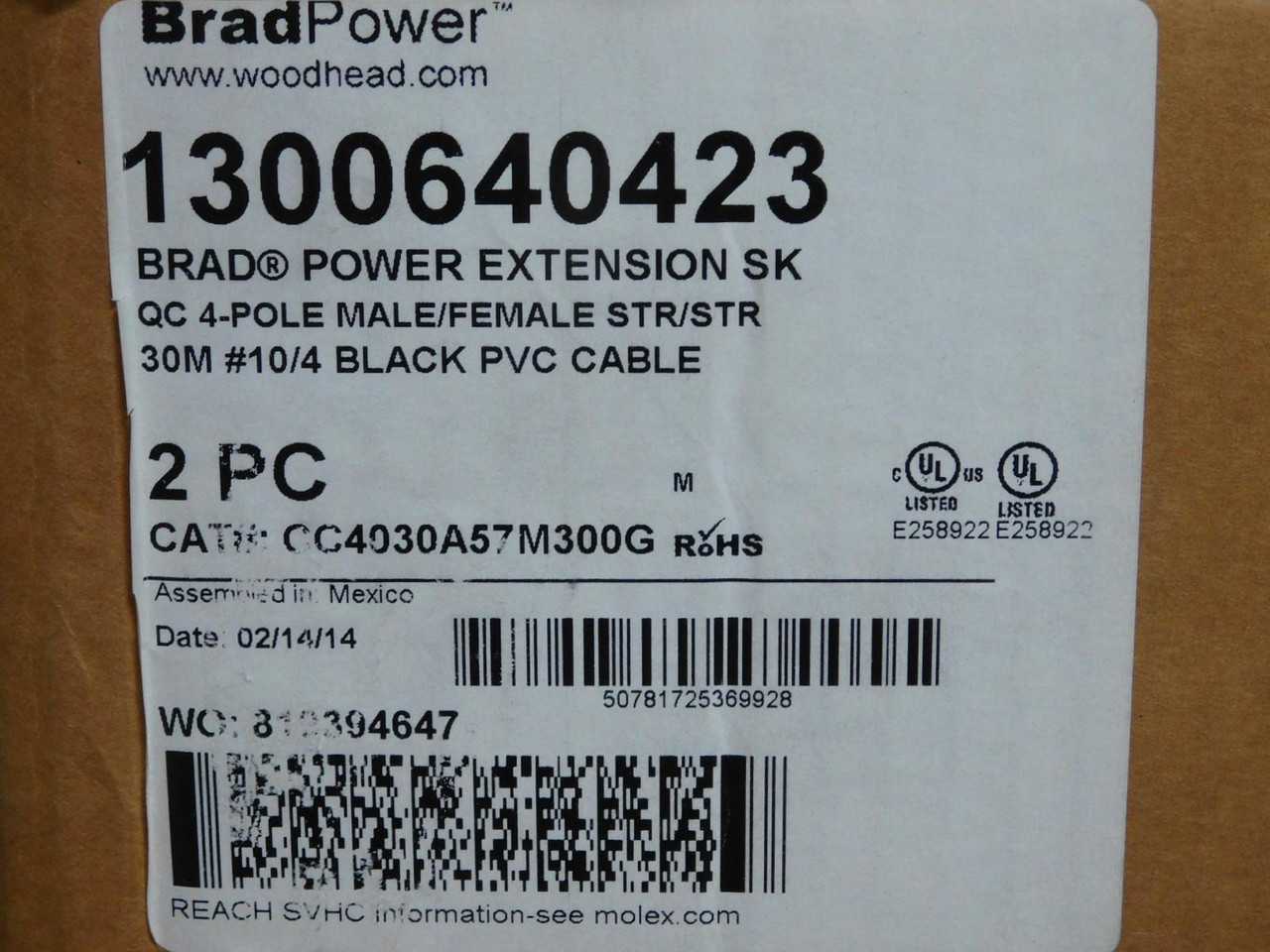 MOLEX 1300640423 CC4030A57M300G EXTENSION SK QC 4-POLE MALE / FEMALE STR/STR 30 M #10/4 BLACK PVC CA - CORDSET CABLES