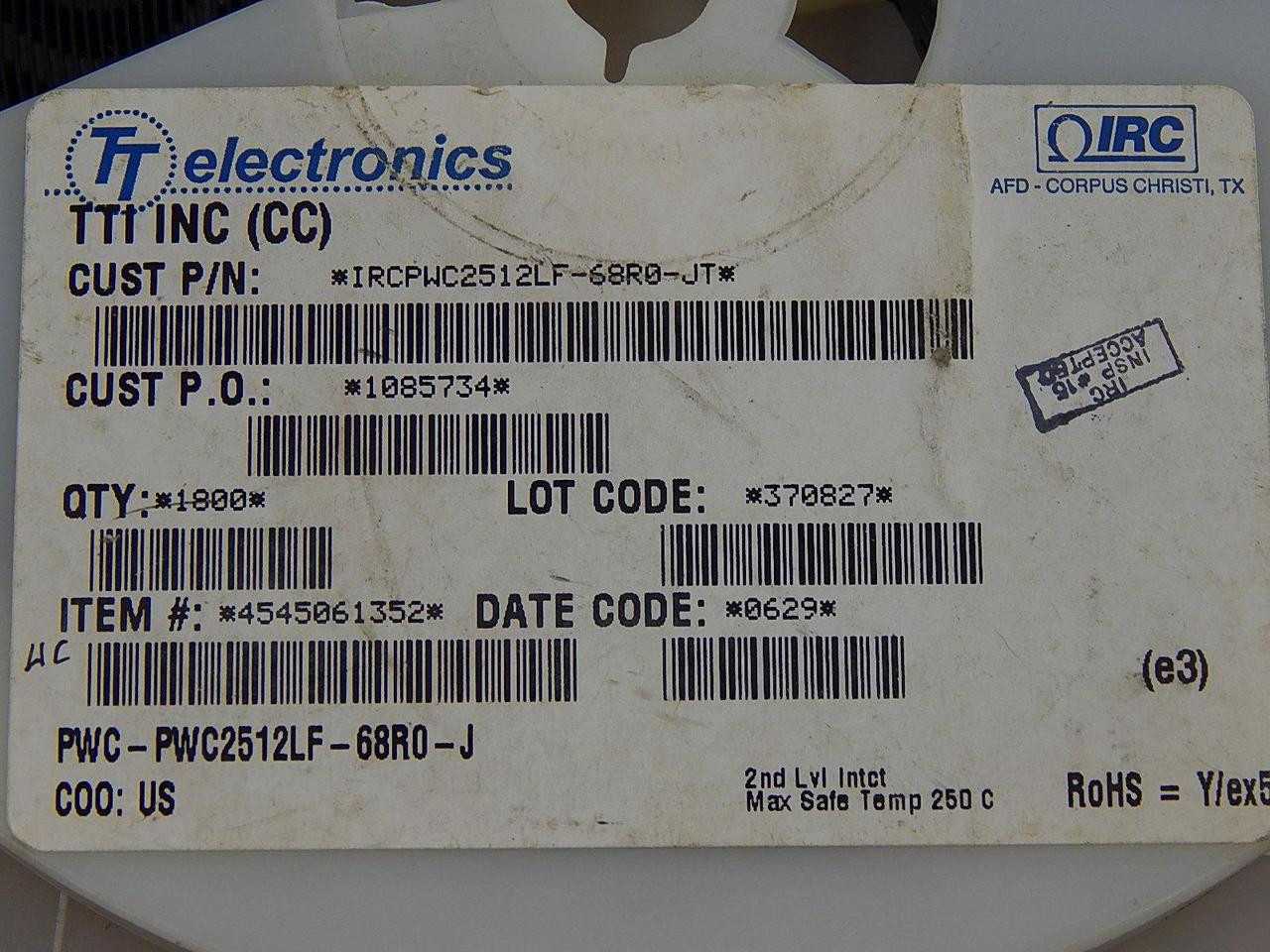 LOT OF 1800 TT ELECTRONICS PWC-PWC2512LF-68R0-J IRCPWC2512LF-68R0-JT 4545061352 THICK FILM RESISTORS - ELECTRICAL COMPONENTS