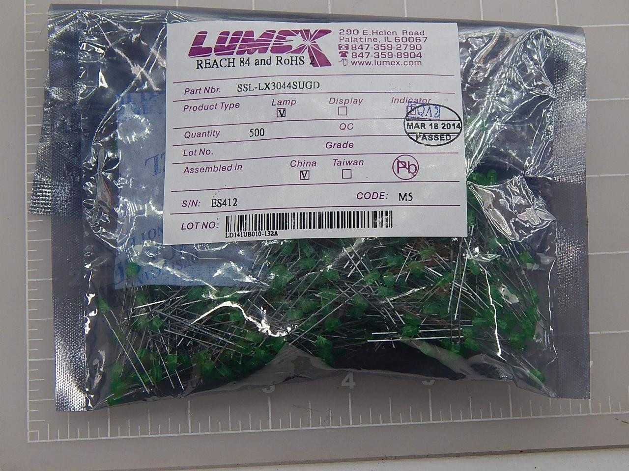 LOT OF 1000 LUMEX SSL-LX3044SUGD STANDARD LEDS - THROUGH HOLE GREEN 574 NM 60 MCD T-3 MM DIFFUSED LE - LIGHTING