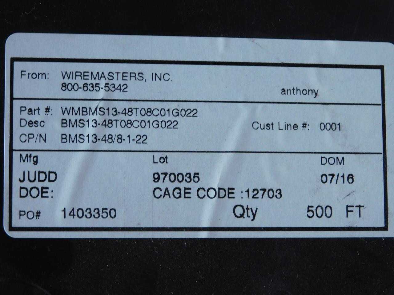 LOT OF 500 FT JUDD WIRE BMS13-48T08C01G022 WIRE T133796 - ELECTRICAL WIRE