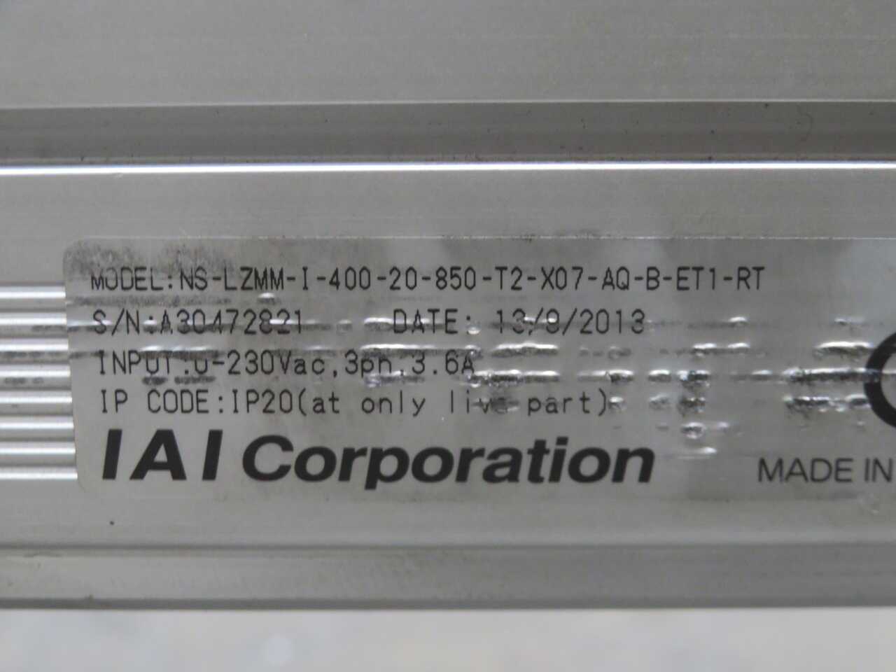 IAI NS-LZMM-I-400-20-850-T2-X07-AQ-B-ET1-RT LINEAR ACTUATOR 400W 850MM STROKE 20KG PAYLOAD - SERVO