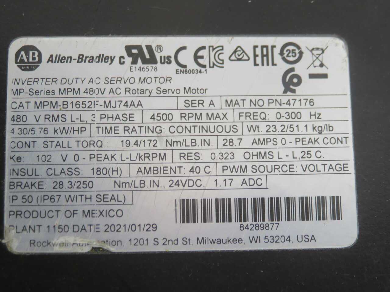 ALLEN BRADLEY MPM-B1652F-MJ74AA SERVO MOTOR, 460V, 3000 RPM, KEYED SHAFT, HOLDING BRAKE - SERVO MOTORS