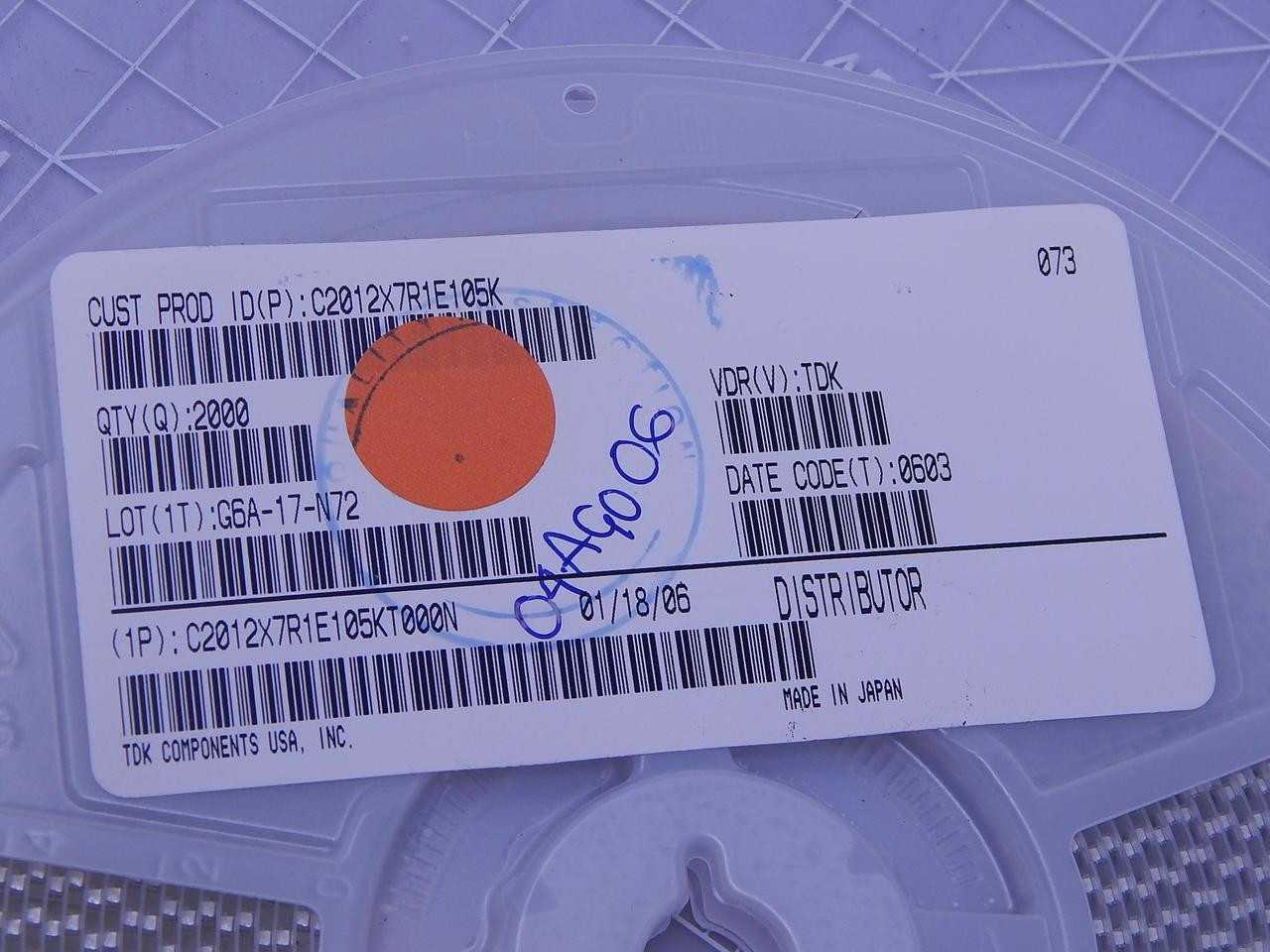 LOT OF 2000 TDK C2012X7R1E105K MULTILAYER CERAMIC CAPACITORS MLCC T111988 - ELECTRICAL COMPONENTS