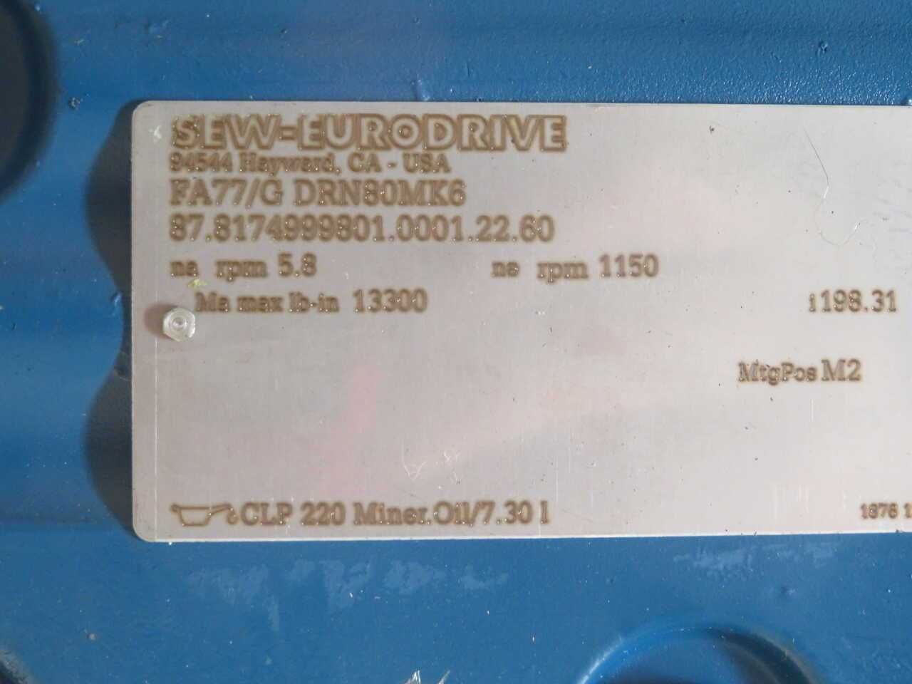 SEW-EURODRIVE FA77/G DRN80MK6 PARALLEL SHAFT HELICAL GEARMOTOR T271394 - GEARMOTOR