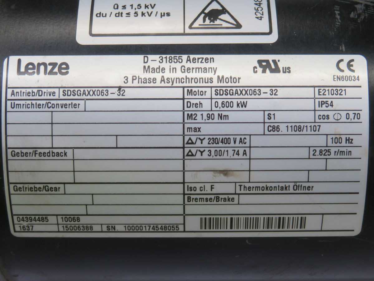 LENZE SDSGAXX063-32 ASYNCHRONUS SERVO MOTOR T249033 - SERVO MOTORS