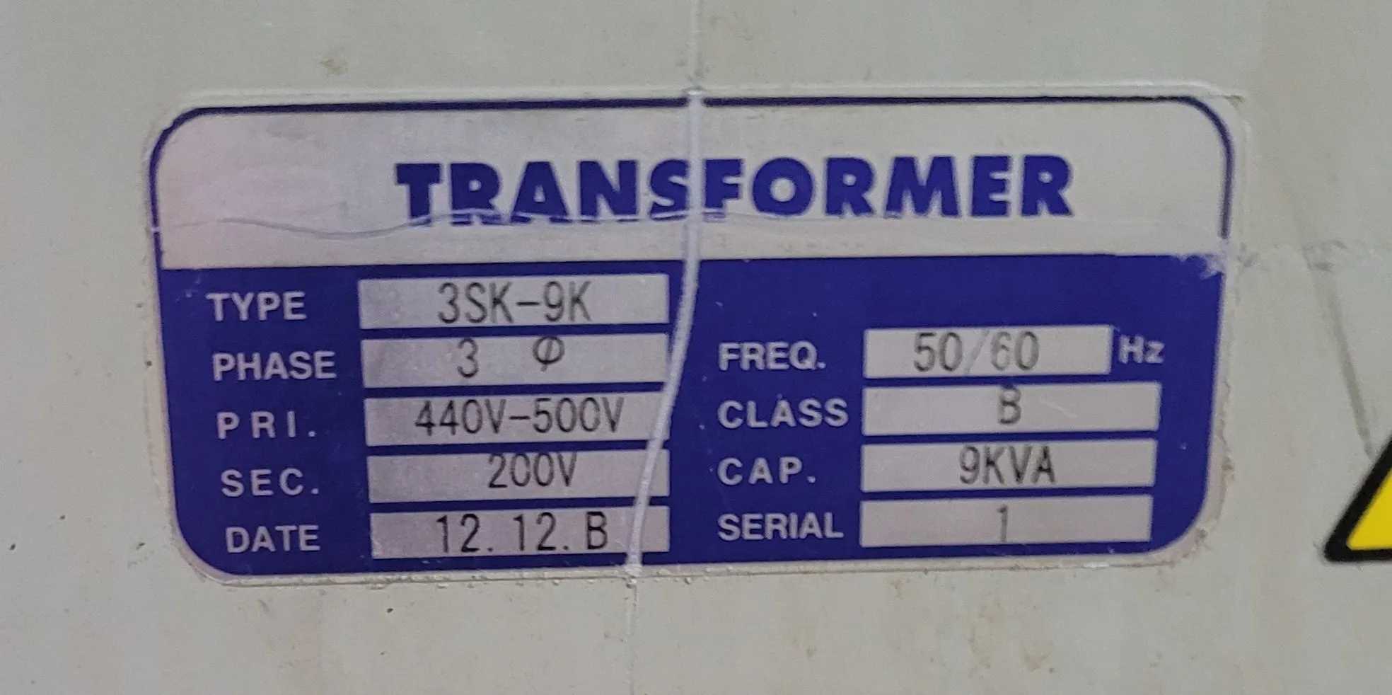 2012 9 KVA SWALLOW 440V-200V 3 PHASE STEP DOWN TRANSFORMER - 50/60 HZ - DRY TRANSFORMERS