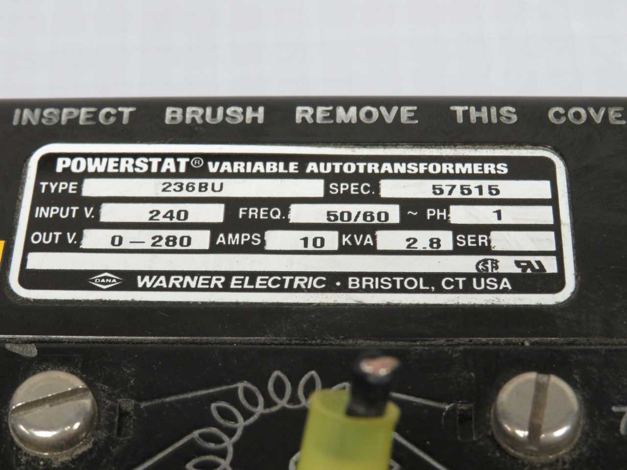 Warner Electric 236BU 57515 Variable Autotransformer 2.8 kVA 1 Ph T184743 - ELECTRICAL COMPONENTS