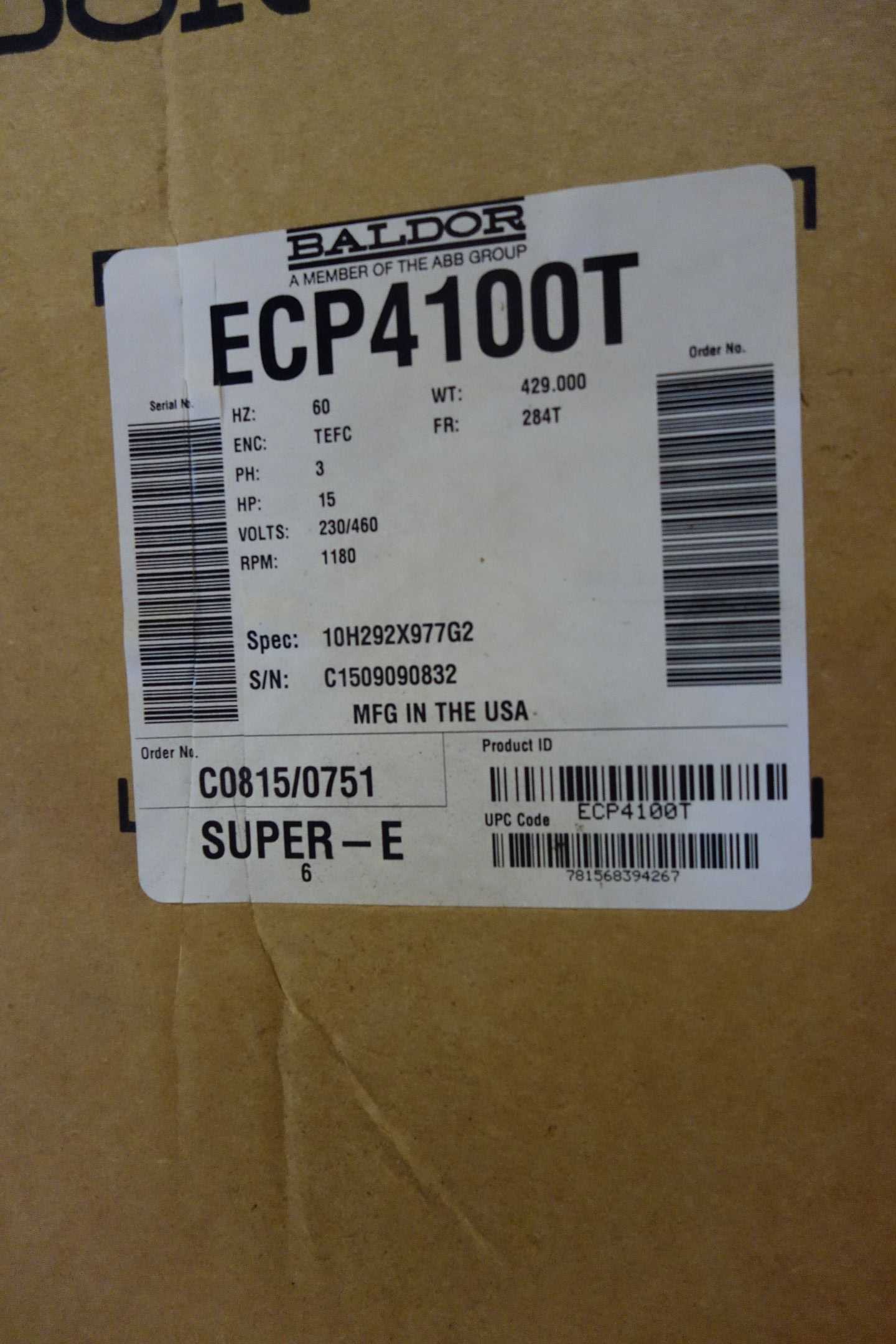 Baldor Motor ECP4100T, 15 HP, 3-Phase, 1180 RPM, 230/460V, Frame 284T - AC MOTOR
