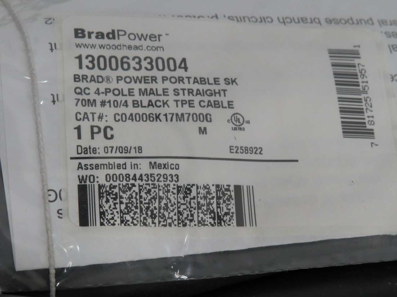Brad Power Actuator Cable 4P M/MP SK ST #10 BK TPE 70M - High Quality Performance - SERVO DRIVES