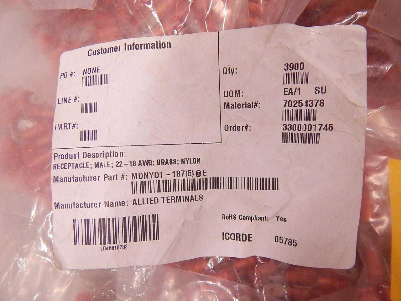 Lot Of 3900 Allied Electronics MDNYD1-187(5) Terminals T73657 - TERMINAL BLOCKS