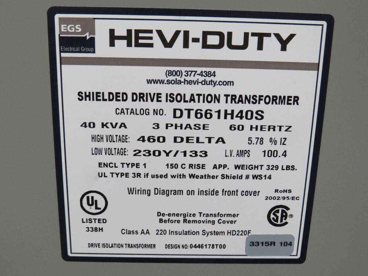 Sola DT661H40S Industrial Control Transformer 40kVA 460D-230Y 3 Phase SCR Drive - DRY TRANSFORMERS