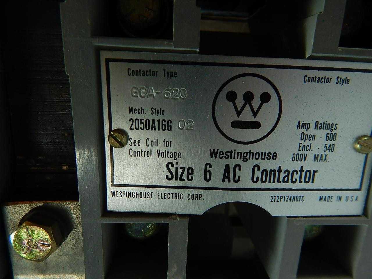 WESTINGHOUSE GCA-620 SIZE  6 CONTACTOR 600 V MAX 600 A - CONTACTORS