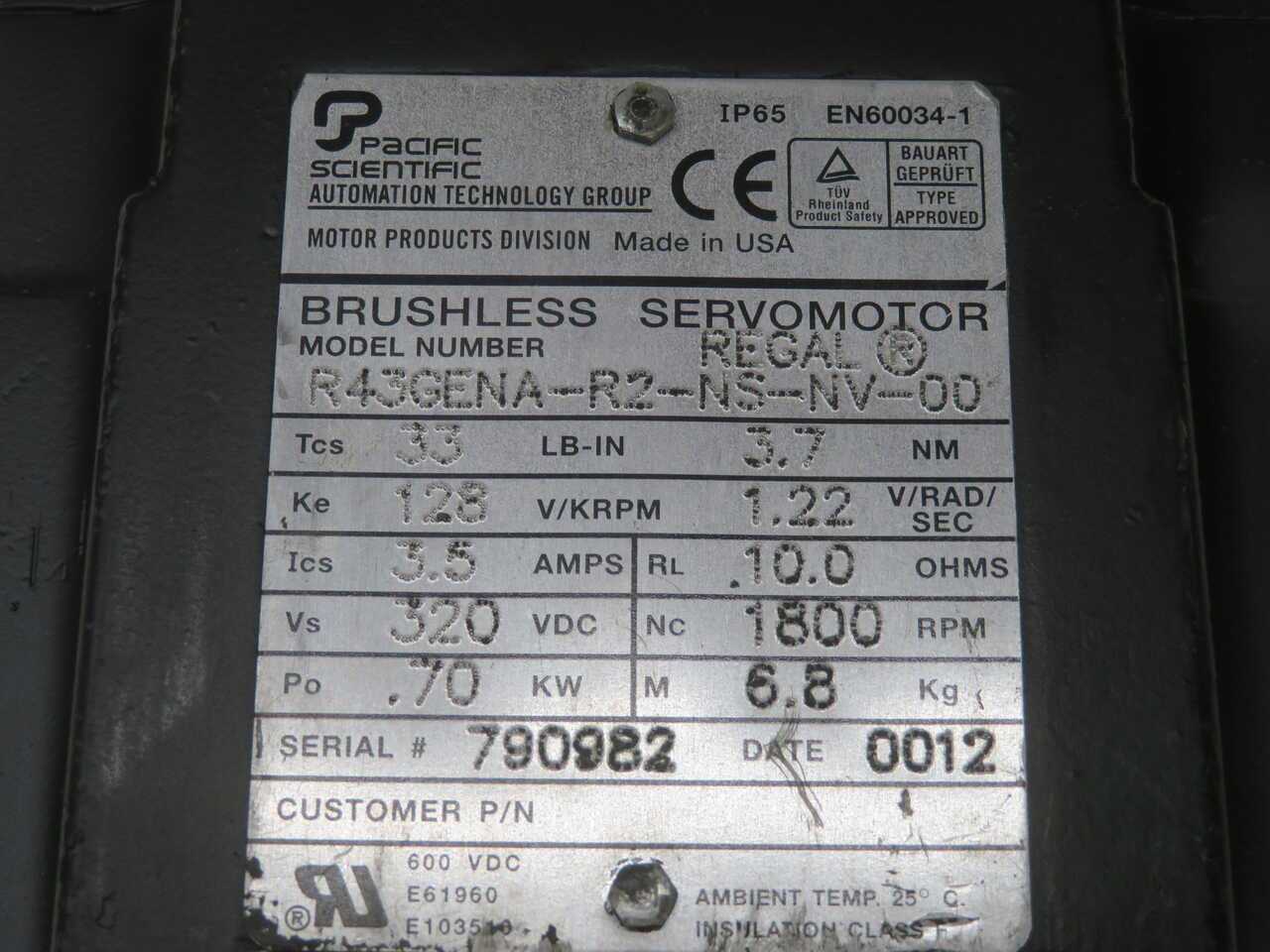 Pacific Scientific R43GENA-R2-NS-NV-00 Brushless Servomotor T272351 - SERVO MOTORS