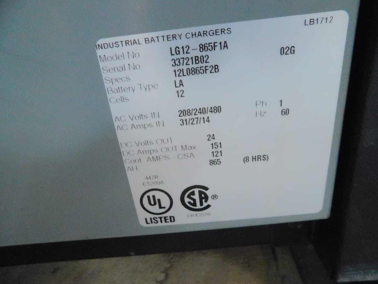 HAWKER LIFE GUARD 3, LG12-865F1A FORKLIFT BATTERY CHARGER 24VDC, 865AH,1PH M7699 - FORKLIFTS