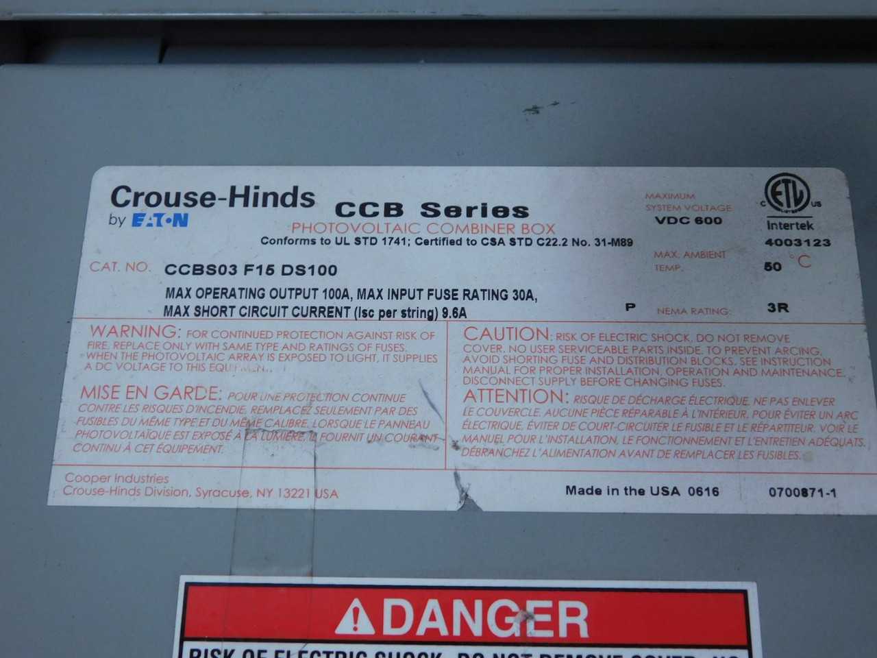 CROUSE-HINDS CCBS03 F15 DS100 CCD PHOTOVOLTAIC COMBINER BOX 100 AMP T145222 - DISCONNECT SWITCHES