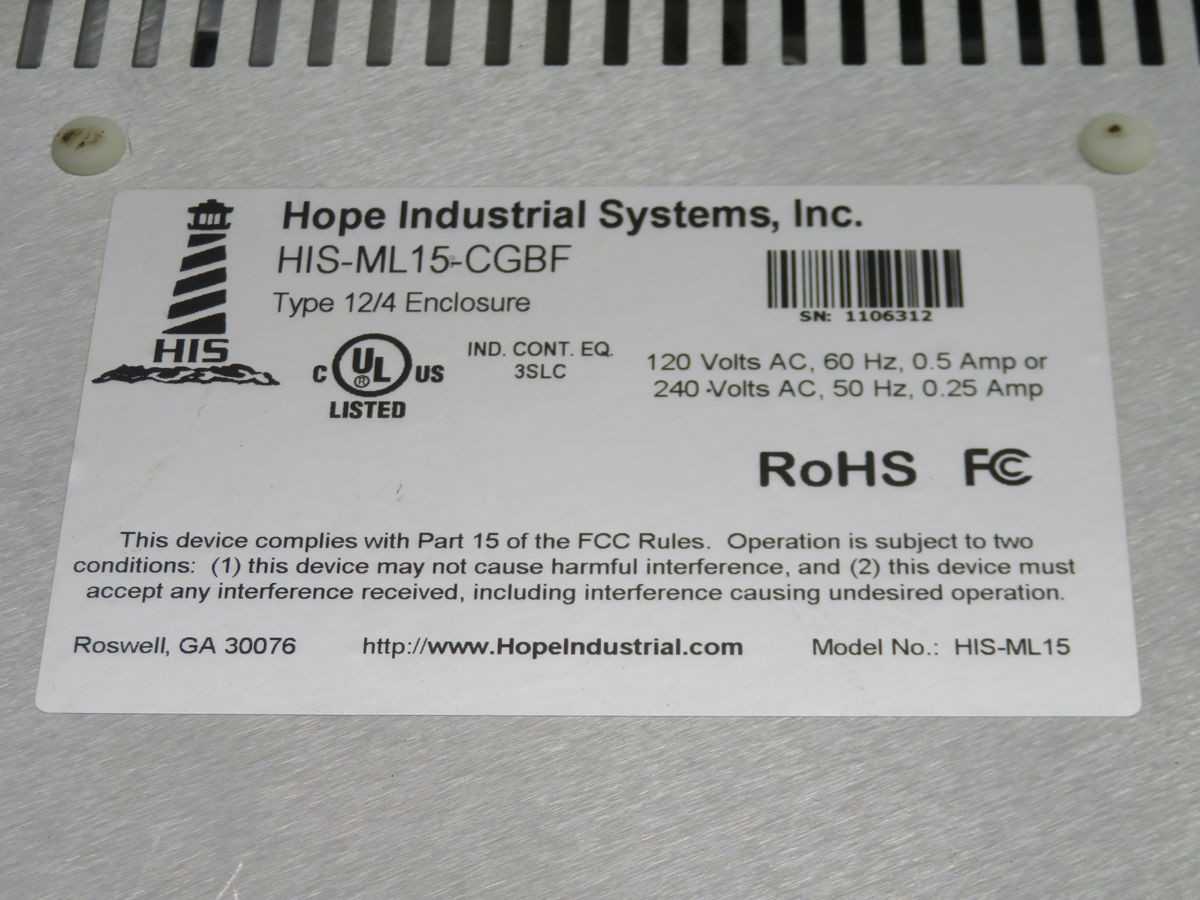 HIS HIS-ML15-CGBF Operator Interface T259970 - OPERATOR INTERFACE PANELS