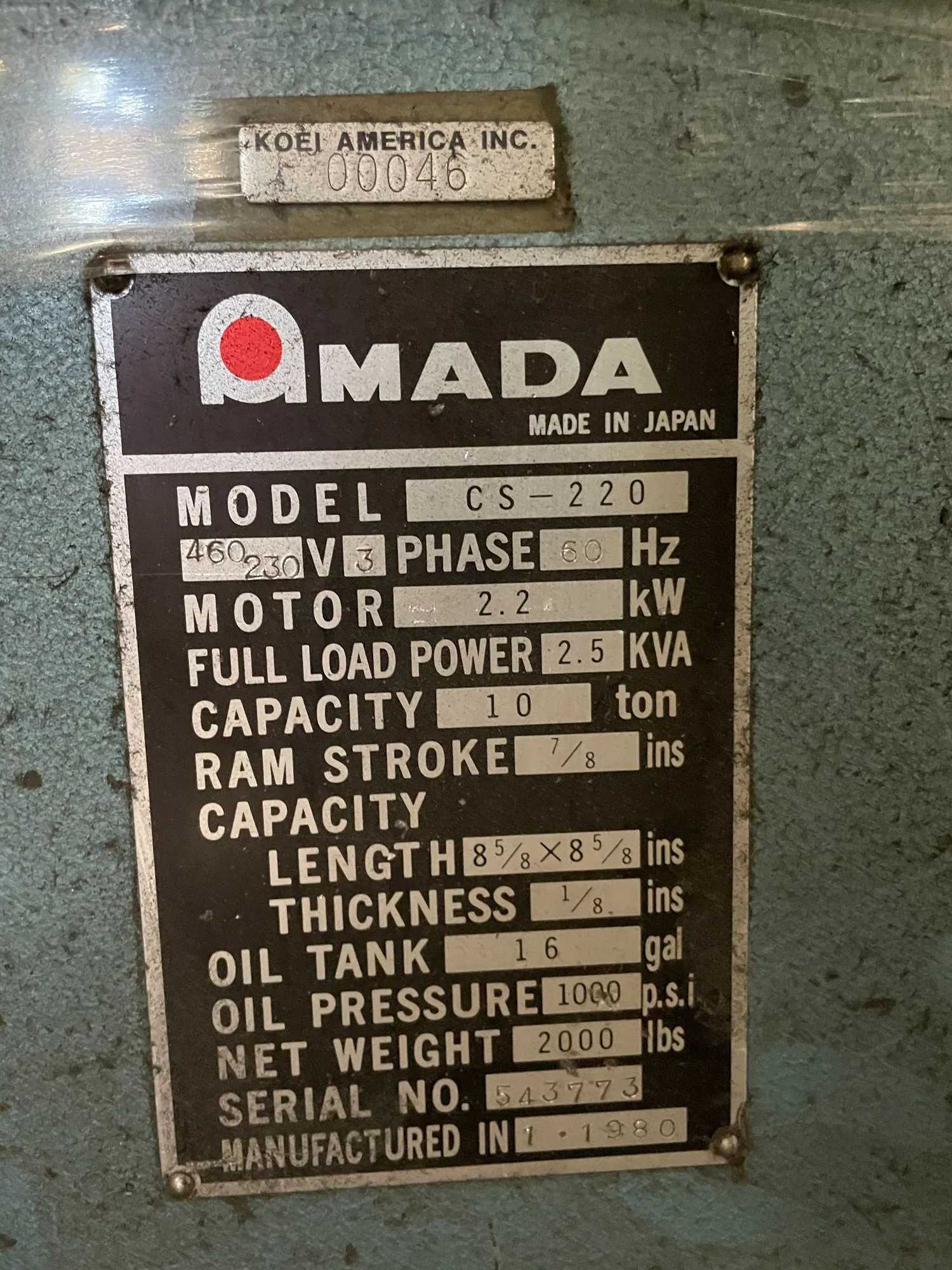 1980 AMADA CS-220 HYDRAULIC NOTCHING MACHINE, 10 TON, 10 GAUGE, 8.62"X8.62", 230V, 3PH - PIPE & TUBE EQUIPMENT