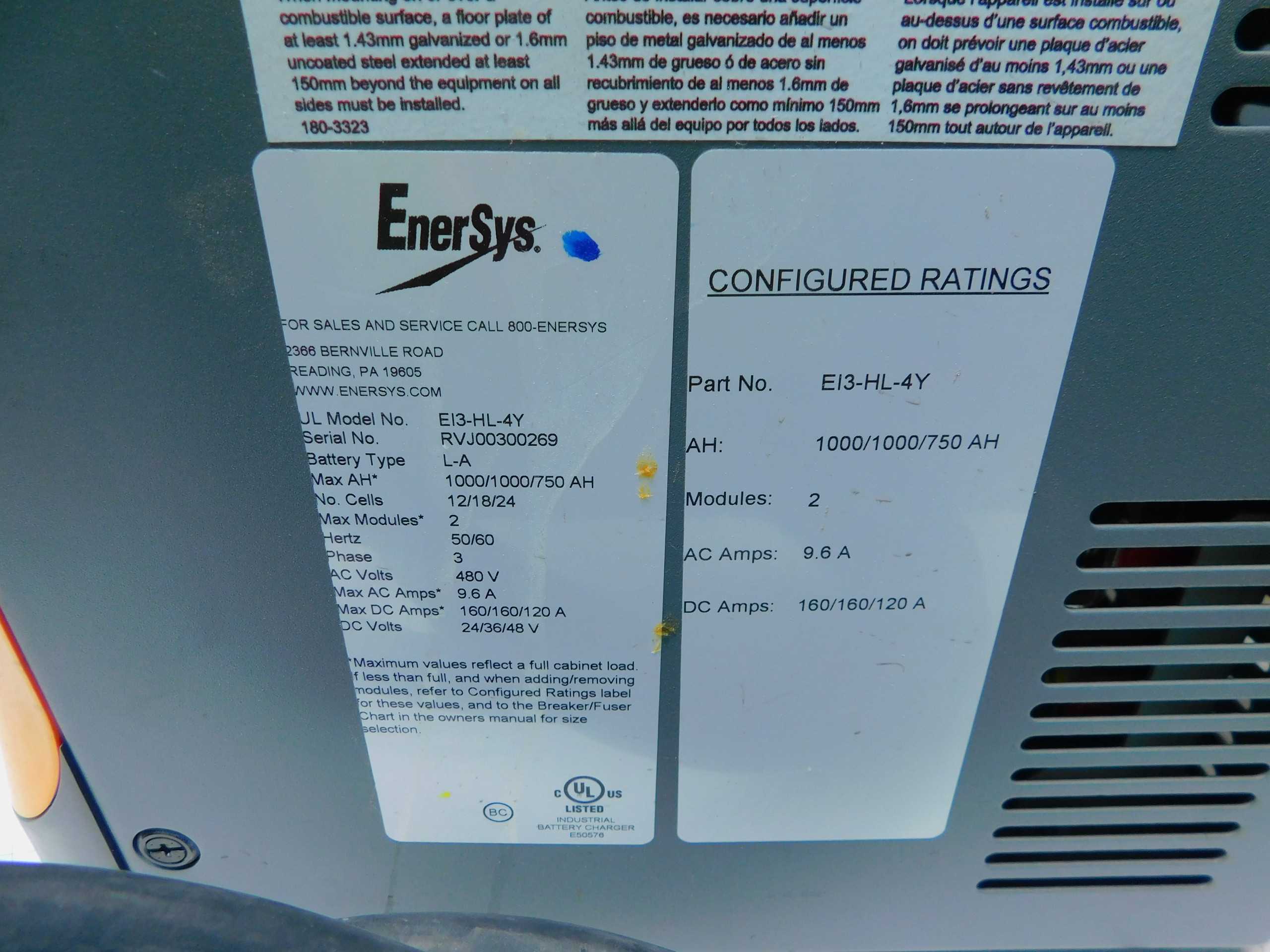 ENERSYS EI3-HL-4Y INDUSTRIAL BATTERY CHARGER OUT:24VDC , IN:480VAC/3PH - UPS BATTERY