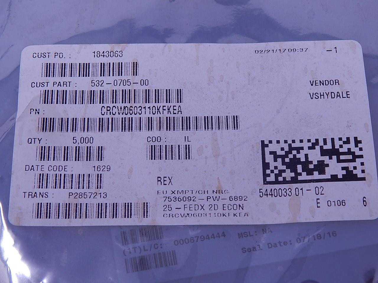 LOT OF 5000 VISHAY CRCW0603110KFKEA THICK FILM RESISTORS - SMD 1/10 WATT 110 KOHMS 1 % T108625 - ELECTRICAL COMPONENTS